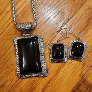 Black and Silver Pendant Necklace and Earrings Set (Sterling & Onyx)